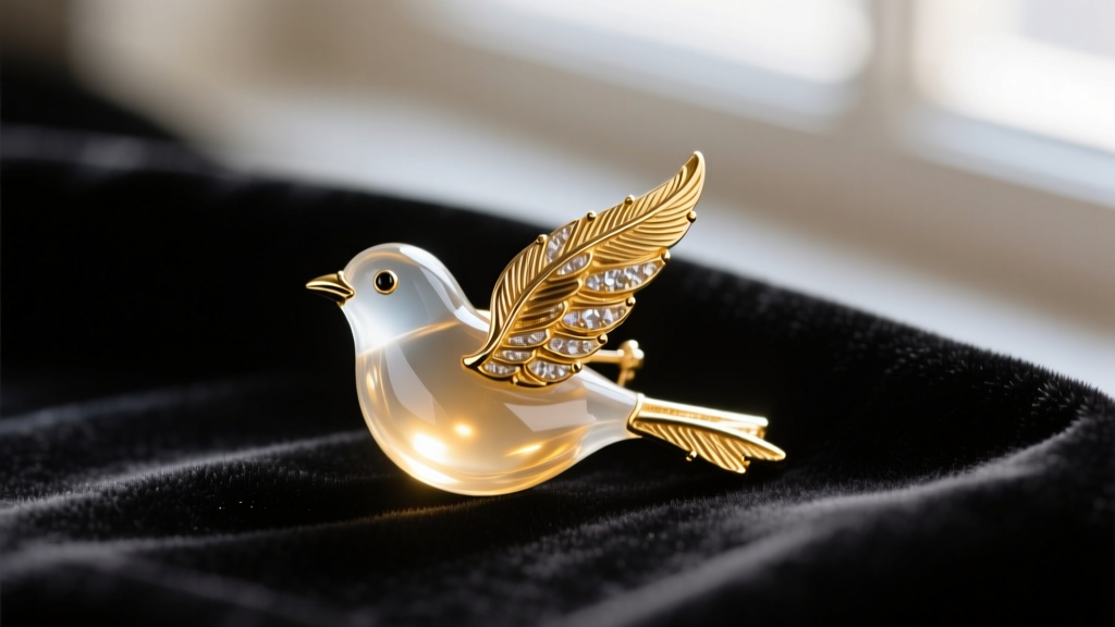 Macro photo of a vintage Trifari jelly belly bird brooch with clear lucite belly and gold-tone feathers on dark velvet fabric