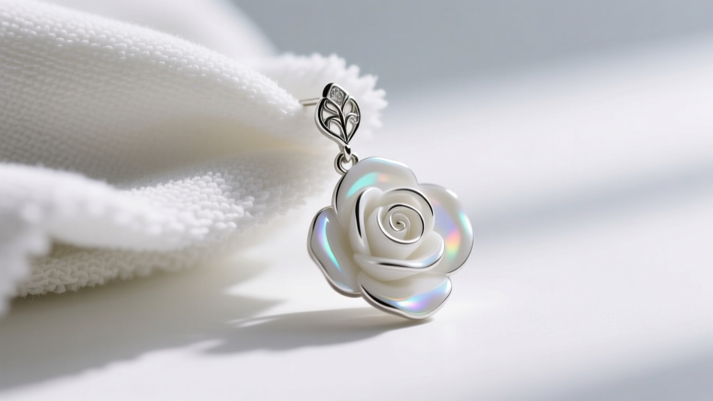 Closeup of a microfiber cloth gently polishing a white enamel and silver rose drop earring, highlighting the gloss petal finish.