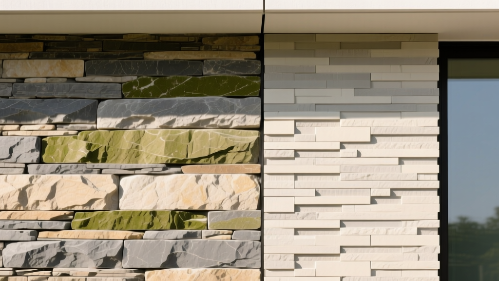 Split exterior wall comparing thick full-bed limestone masonry on left and lightweight manufactured stacked stone veneer on right