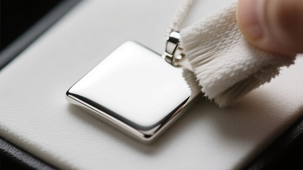 Polishing cloth gently buffing the flat surface of an Argentium silver square pendant, revealing a brilliant tarnish-free shine