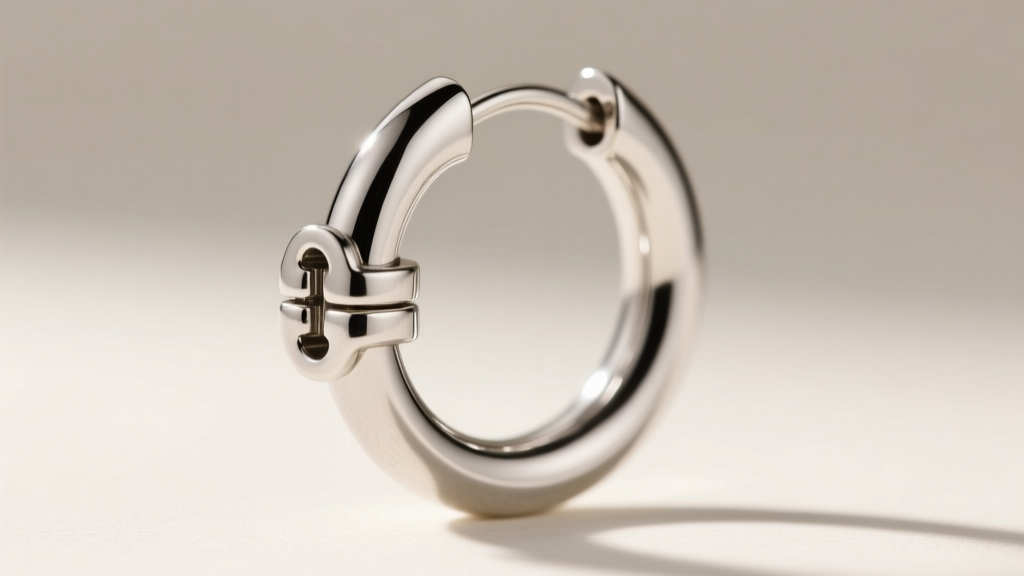 Macro shot of a 14-gauge hollow tube silver hoop earring clasp mechanism, showing the seamless hinge and locking latch detail
