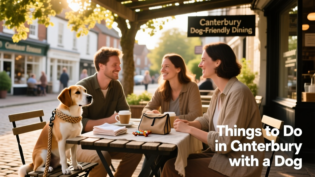 Pet parents relaxing at an outdoor table at a dog-friendly restaurant in Canterbury, with their calm, leashed dog resting nearby.