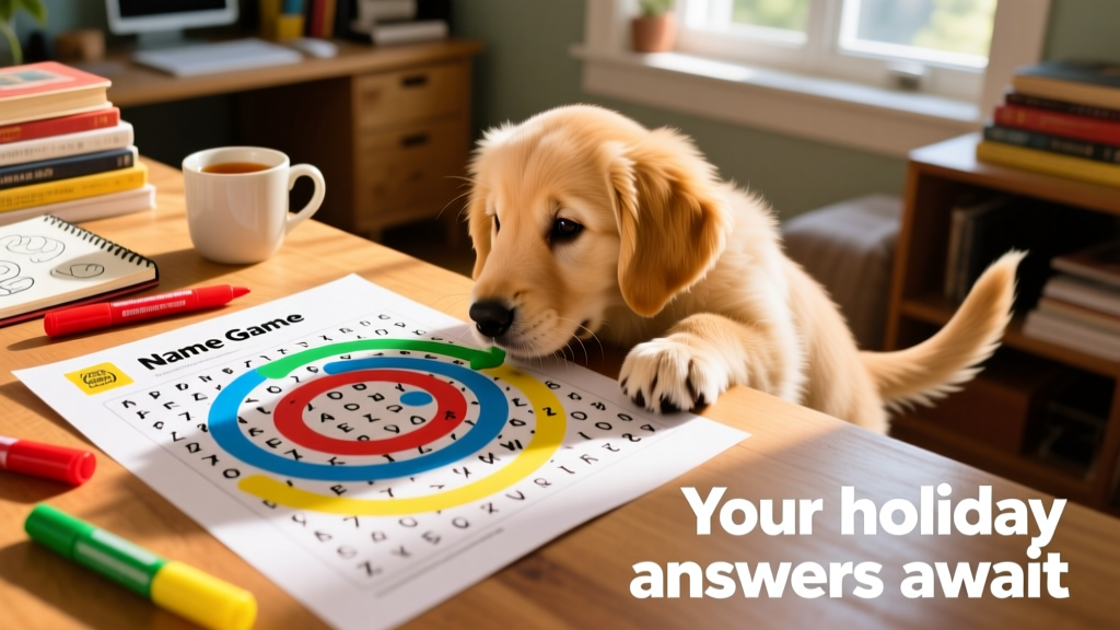 A cheerful photo showing a completed Name Game word search printed on glossy paper, with colorful markers circling the found words and a playful puppy nudging the page with its nose