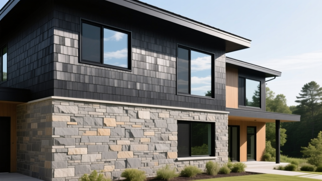 Modern home exterior featuring warm gray stacked stone veneer on lower facade paired with charcoal cedar shakes and matte black windows
