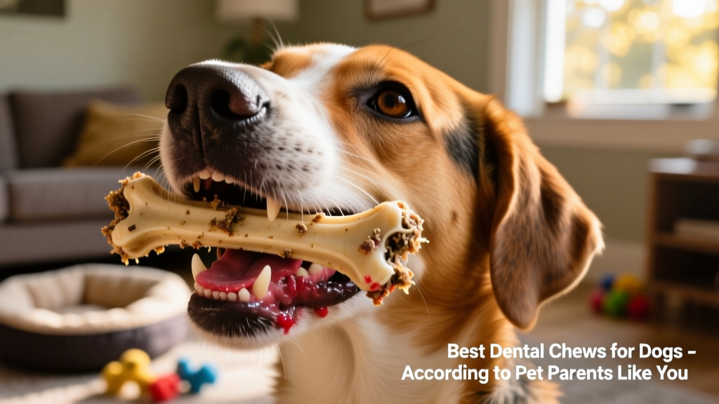 Close-up of a dog’s mouth showing a dental bone being chewed, highlighting texture and gum contact