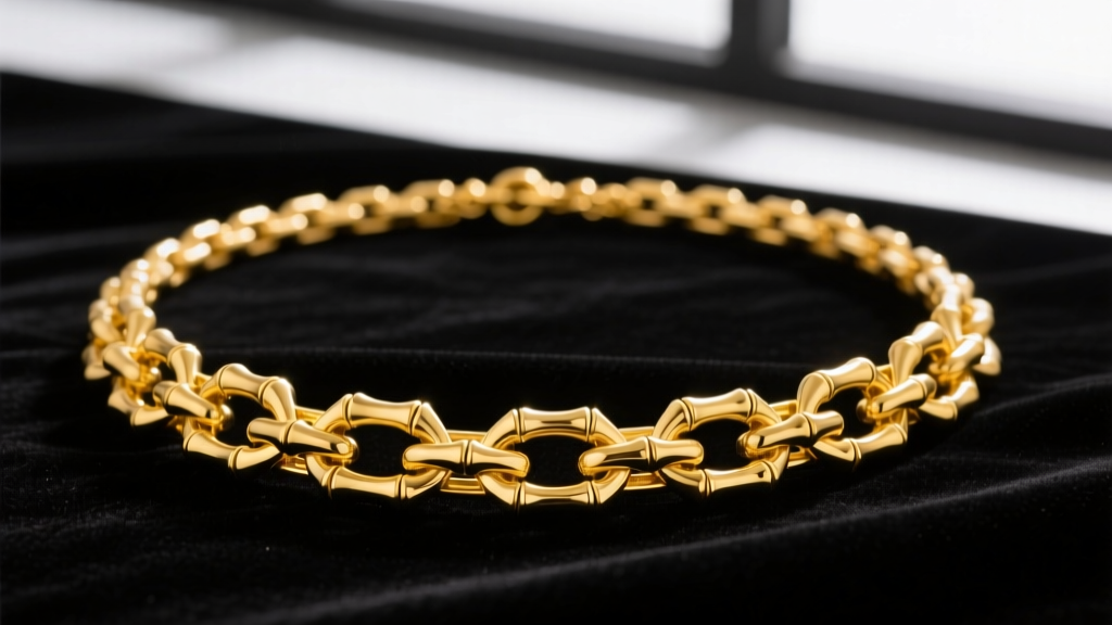 Heavy 23k Thai baht chain necklace on dark velvet, showing intricate interlocking bamboo links and a rich yellow gold hue.