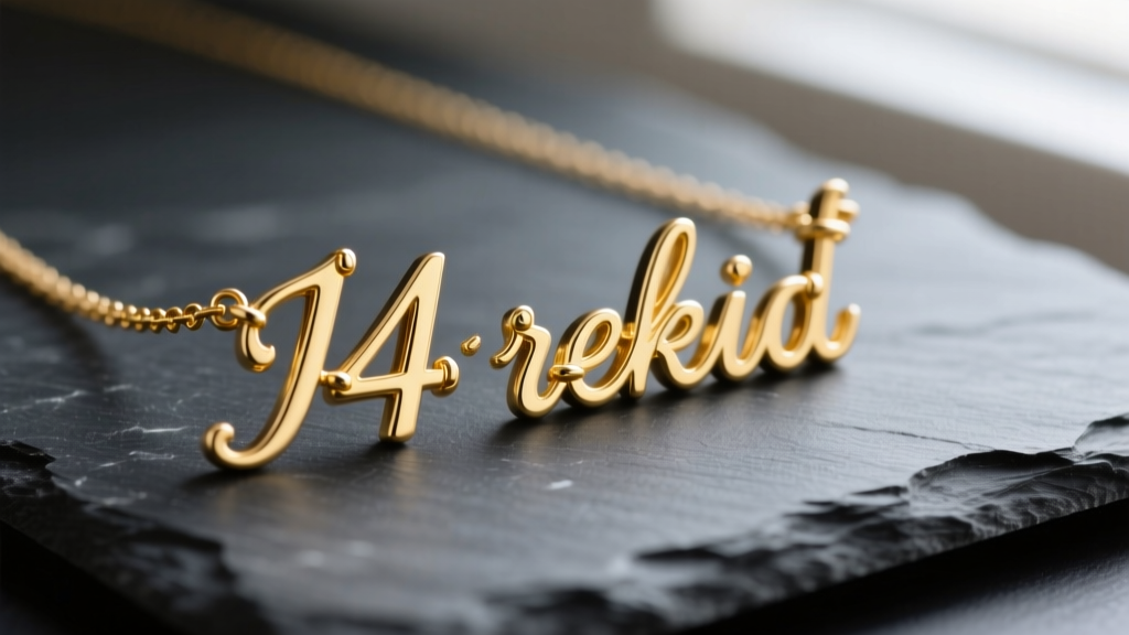 Close-up of a 14k yellow gold custom name necklace on dark slate, highlighting intricate solder joints between cursive letters.