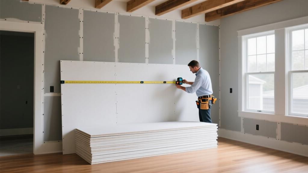 Contractor using a laser measure on stacked 4x12 gypsum boards in a framed living room to calculate drywall waste and optimize layout