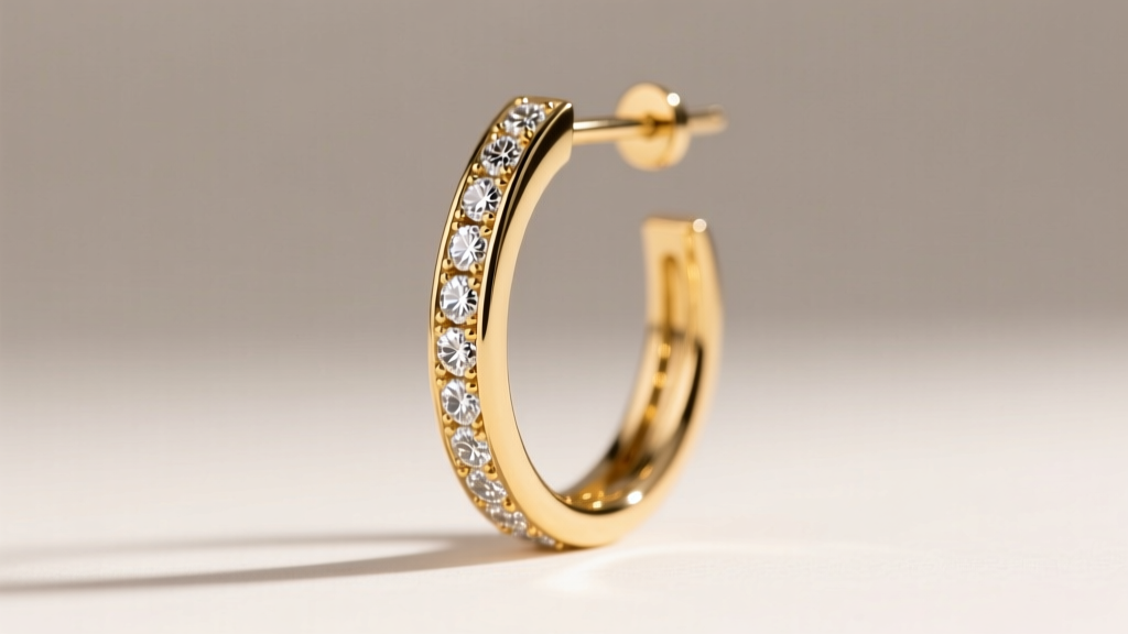 Close-up of a tapered 14k gold creolla earring with channel-set round melee diamonds under soft, directional lighting.
