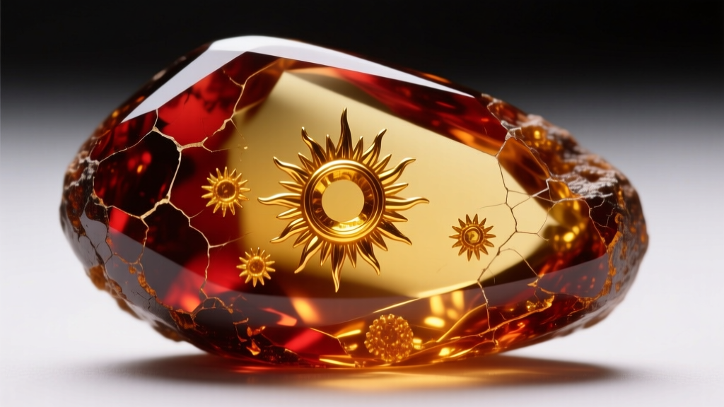 Extreme close-up of heat-treated Baltic amber showing golden sun spangle inclusions and a deep reddish-brown oxidized outer crust