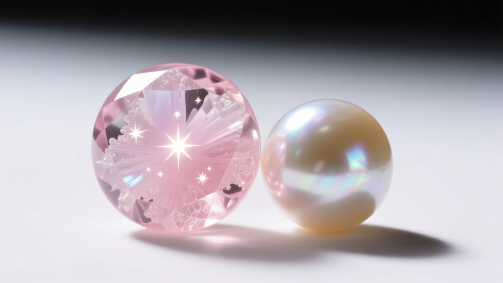 Macro shot of translucent Madagascar rose quartz bead showing inclusions beside a lustrous 7mm AAA round freshwater pearl.