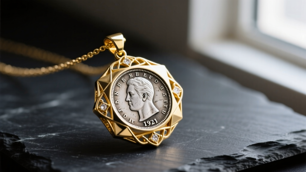 Close-up of a 14k yellow gold coin holder necklace bezel securing a worn 1921 Morgan silver dollar, resting on dark slate.