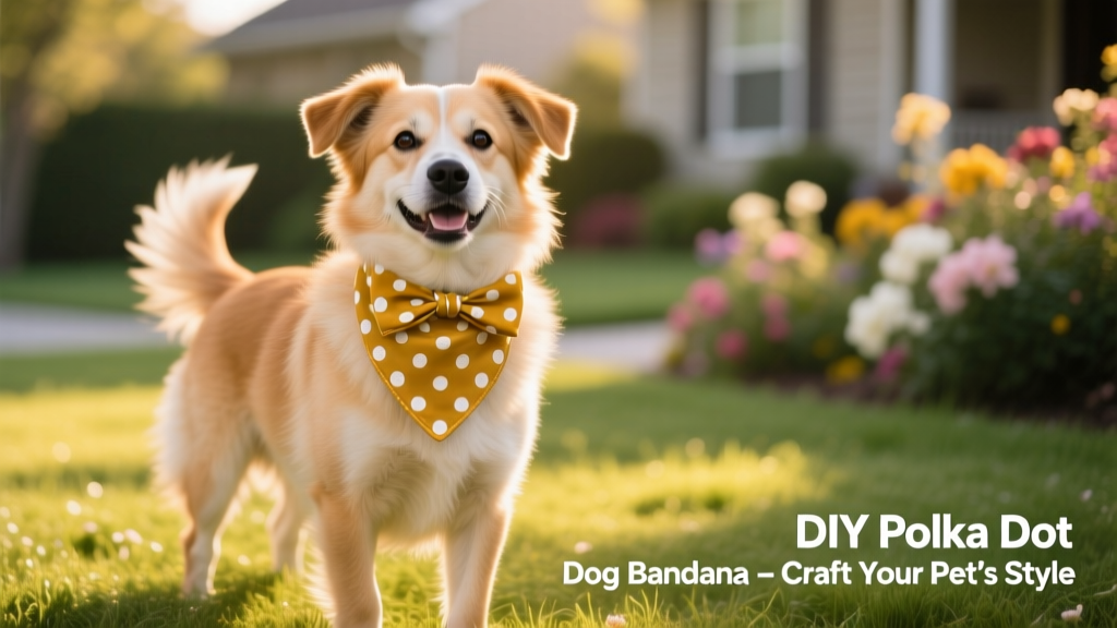 A happy medium-sized dog wearing a gold-polka-dot bandana tied neatly around its neck, standing on grass