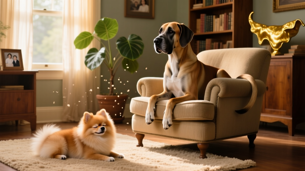 Side-by-side comparison: a petite Pomeranian resting calmly beside a calm, seated Great Dane in a home living room