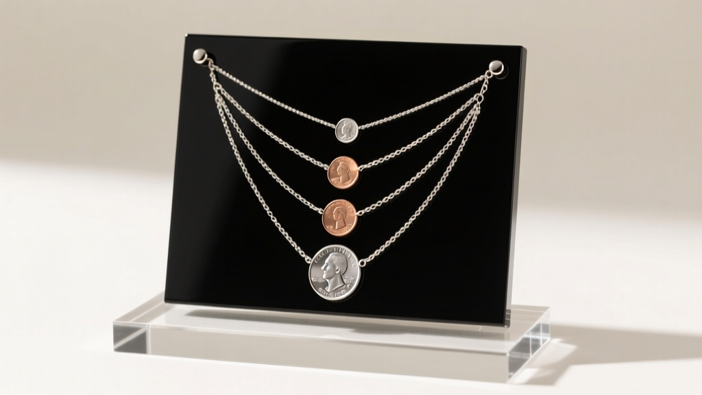 Black acrylic coin necklace holder displaying five layered chains showing coin sizes from a small dime to a large silver dollar