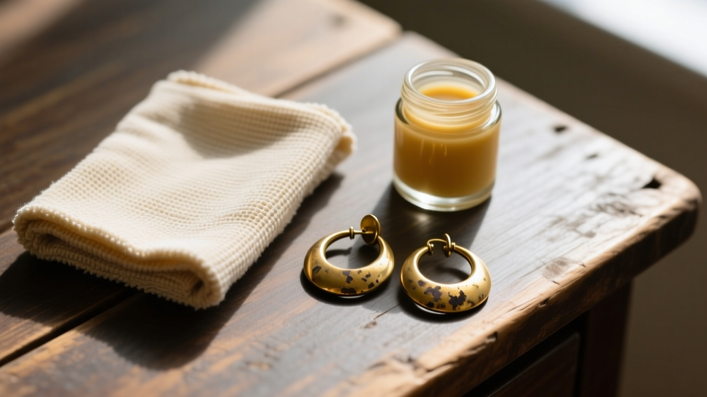 Top-down view of microfiber cloth and wax polish next to tarnished vintage brass hoop earrings on a rustic wooden desk surface.