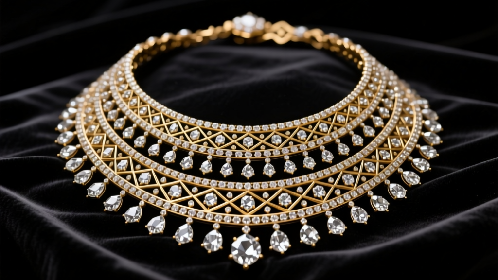 Detailed illustration of the multi-tiered Art Deco Maharaja of Patiala diamond necklace resting elegantly on dark black velvet.