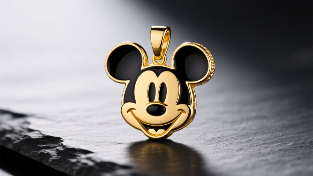 Macro shot of a 14k yellow gold Mickey Mouse silhouette pendant with black champlevé enamel ears resting on a dark slate surface