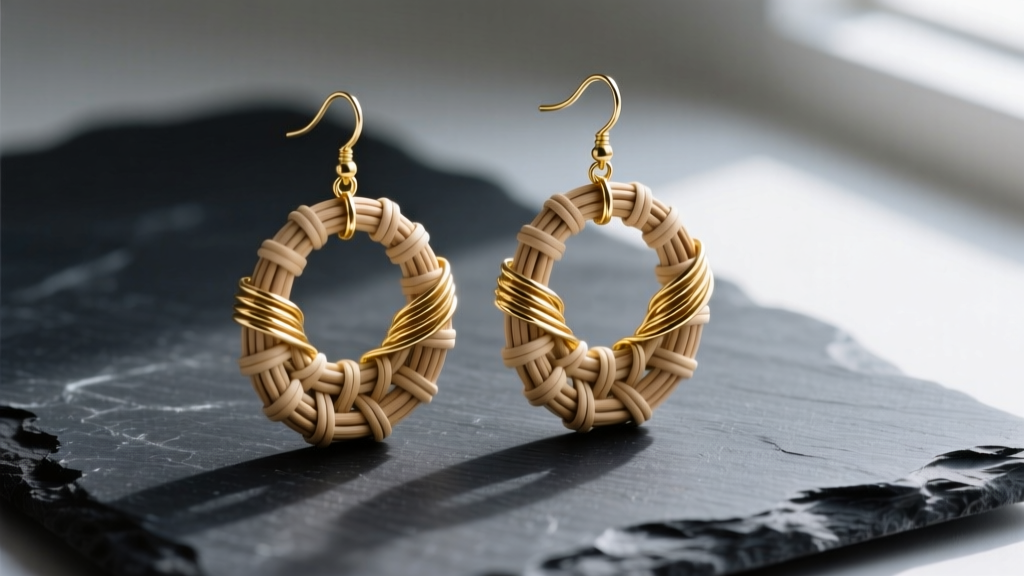 Macro shot of hand-woven natural rattan statement drop earrings with gold-filled wire wrapping, resting on a dark slate surface