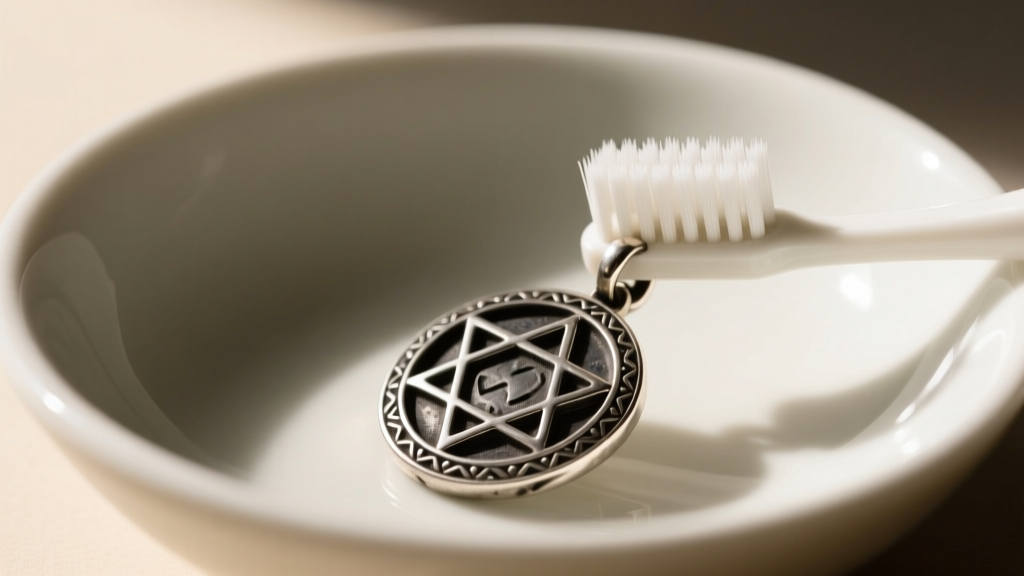 Soft-bristled toothbrush gently scrubbing the deep geometric crevices of an oxidized silver occult pendant inside a ceramic bowl.