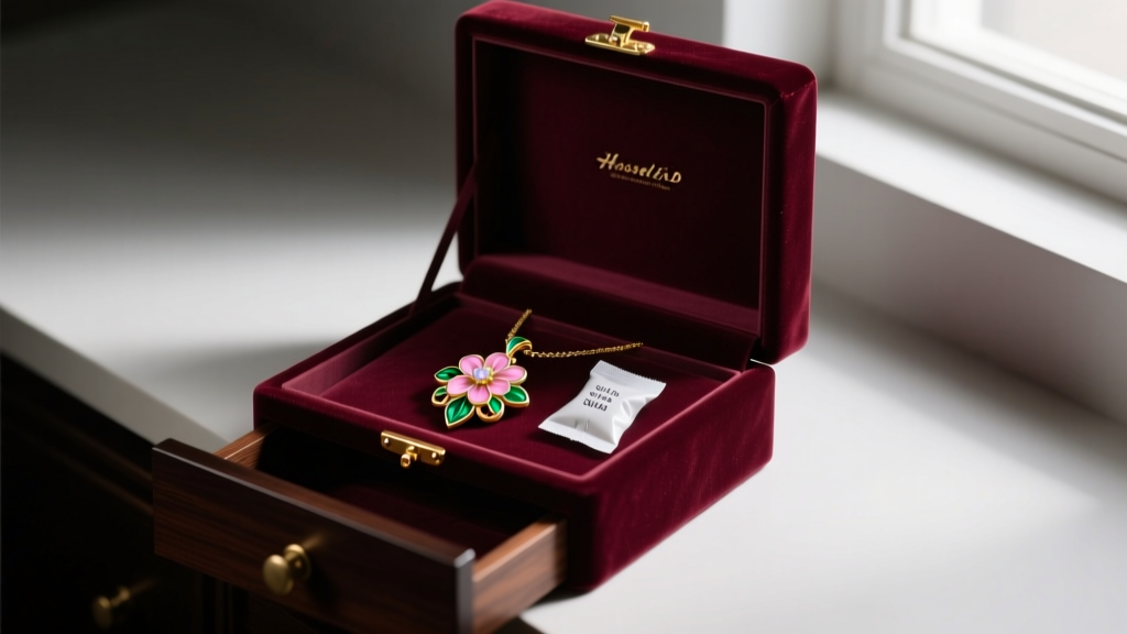 Velvet jewelry box showing a floral enamel pendant resting near a silica gel packet in a dark drawer to prevent UV fading