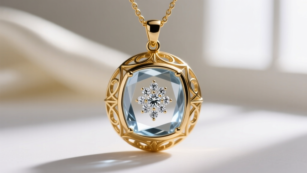 Close-up of a 14k gold shaker necklace pendant featuring a sapphire crystal window with loose floating diamonds inside.