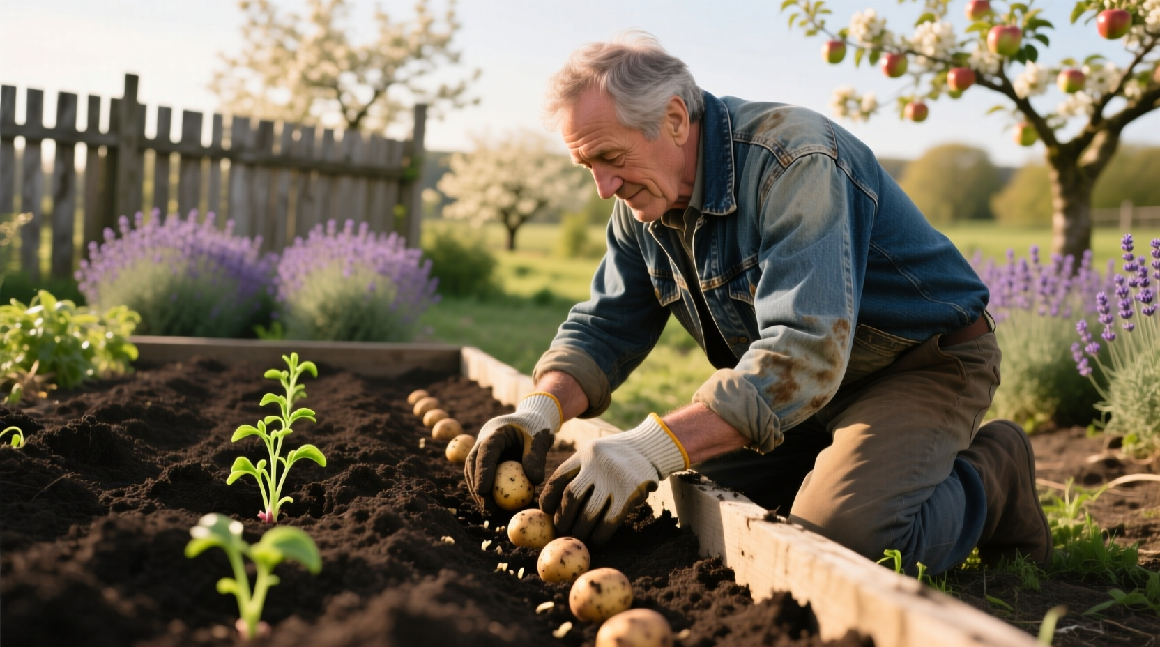 Gardener planting seed potatoes in garden bed