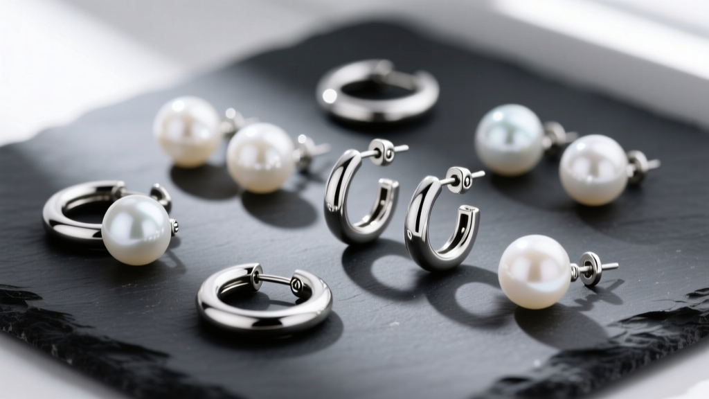 Flat lay of various silver pearl hoop earrings on dark slate, highlighting hinged clicker closures and bright white pearl luster.