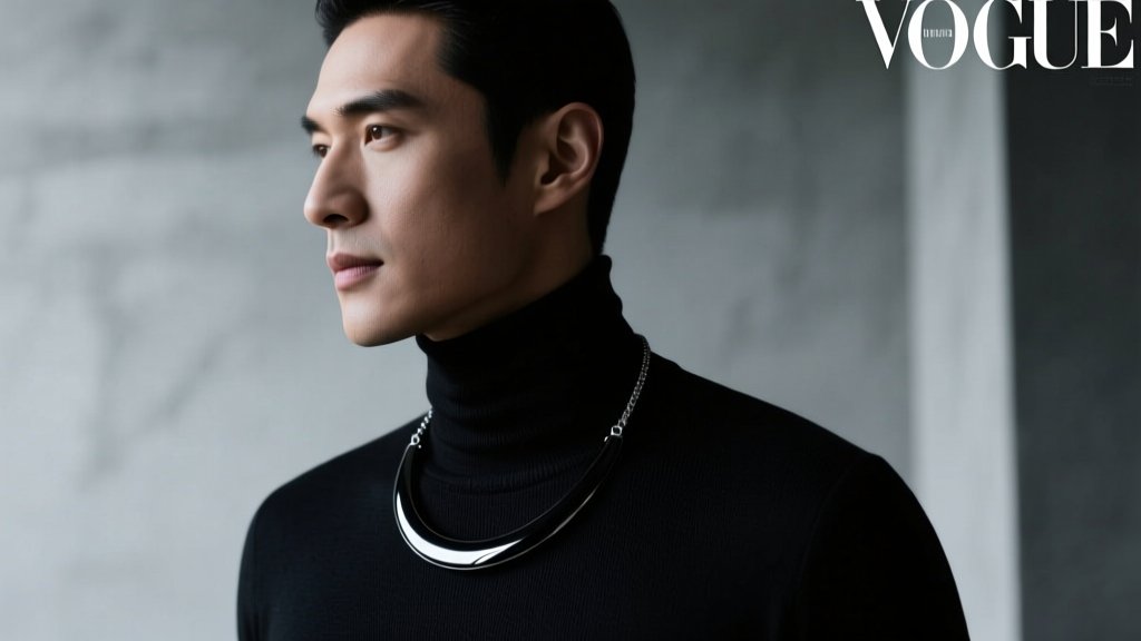 Man in a black turtleneck wearing a 24-inch matte black titanium pendant necklace, moody cinematic lighting, sharp portrait.