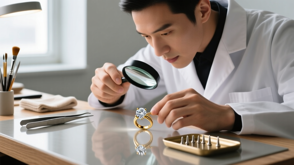 Jeweler using a loupe to inspect the prong setting of an eighteen karat gold diamond ring at a well-lit workbench with tools