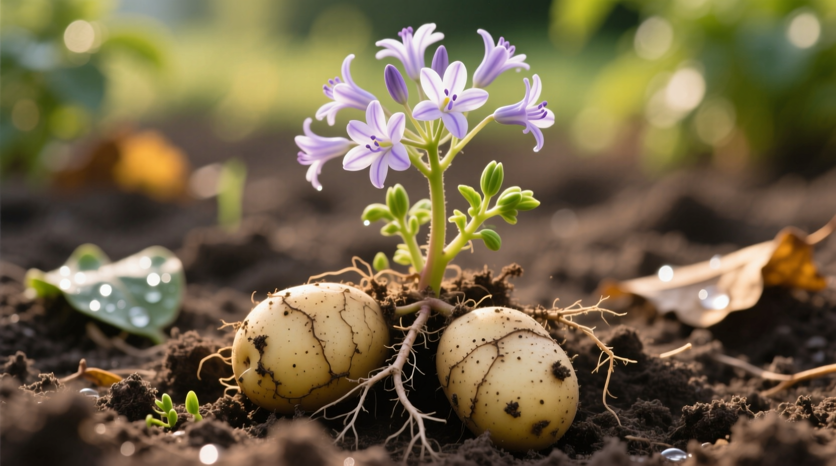 Close-up of potato plant showing tubers and flowering parts