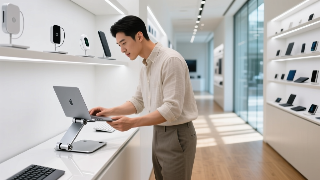 Shopper examining an anodized aluminum adjustable laptop stand in a brightly lit modern retail gadget store aisle