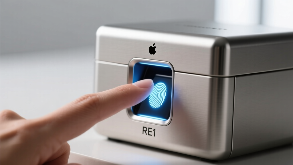 Close-up of a finger pressing the glowing biometric fingerprint scanner on the front panel of the matte steel Jewelry Box RE1.