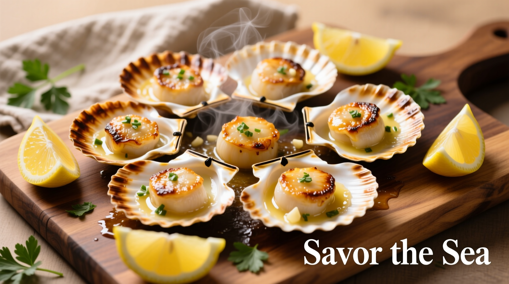 Perfectly seared garlic butter baked scallops with lemon wedges