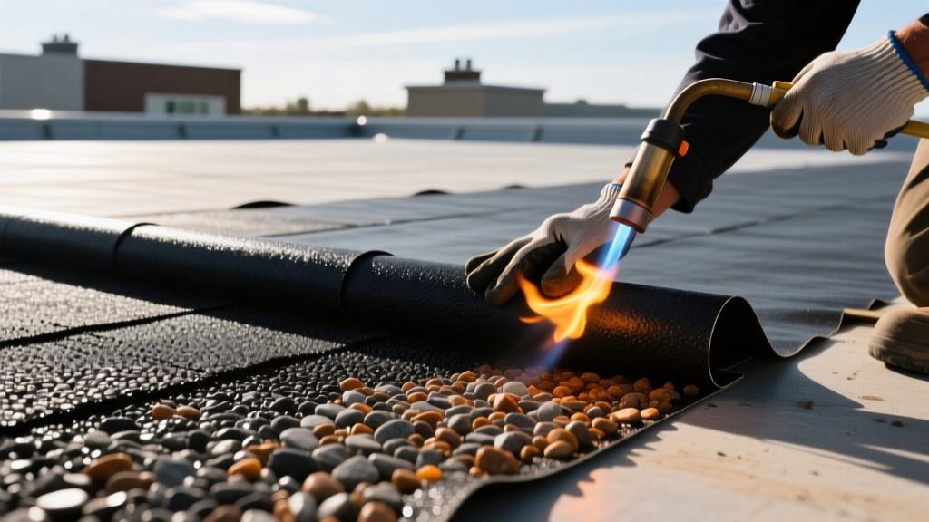Close-up of a torch-applied SBS modified bitumen roofing membrane with dark granular surface being installed on a flat commercial roof