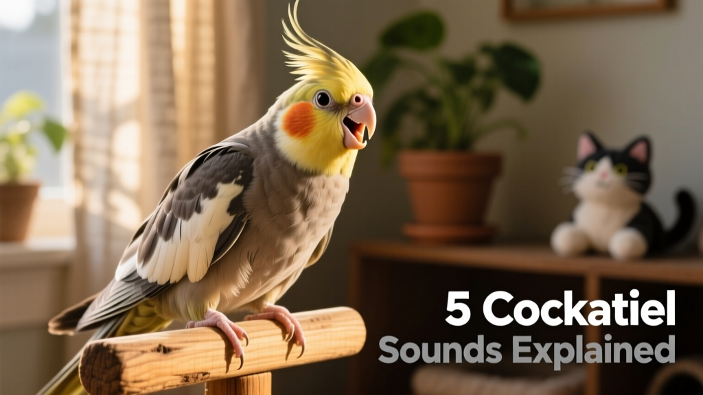 Close-up of a male cockatiel whistling while perched on a wooden perch