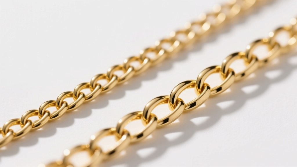 Side profile comparison of a solid 4mm gold banana chain next to a hollow electroformed version, showing wall thickness differences