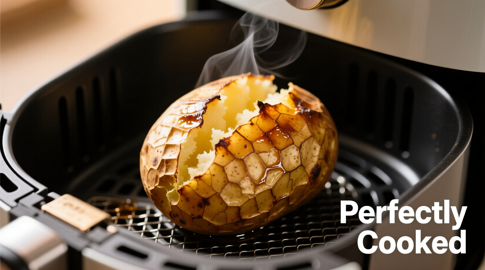 Perfectly cooked single baked potato in air fryer basket