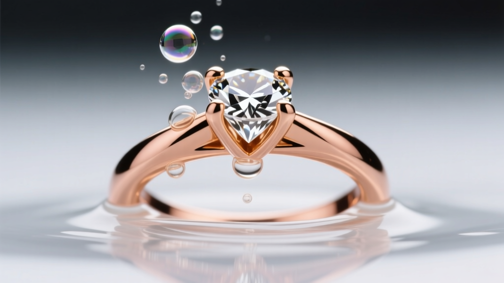 Macro shot of 14k rose gold ring in cleaning solution, bubbles lifting dirt from a diamond prong setting under bright studio light