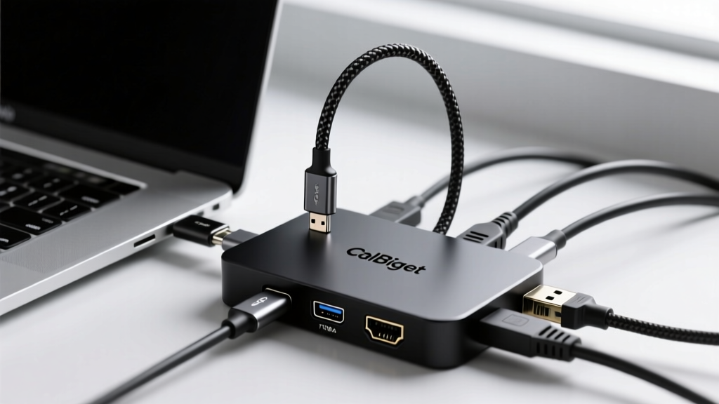 Close-up of matte black CalDigit TS4 Thunderbolt dock connected to a MacBook Pro via braided cable alongside multiple peripheral wires