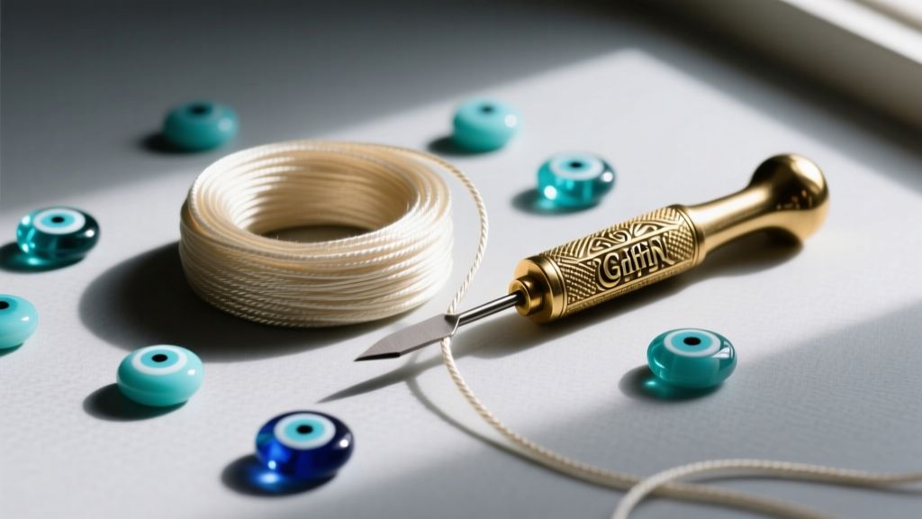 Workbench view showing Griffin silk cord, a brass beading awl, and scattered turquoise glass evil eye beads ready for restringing.