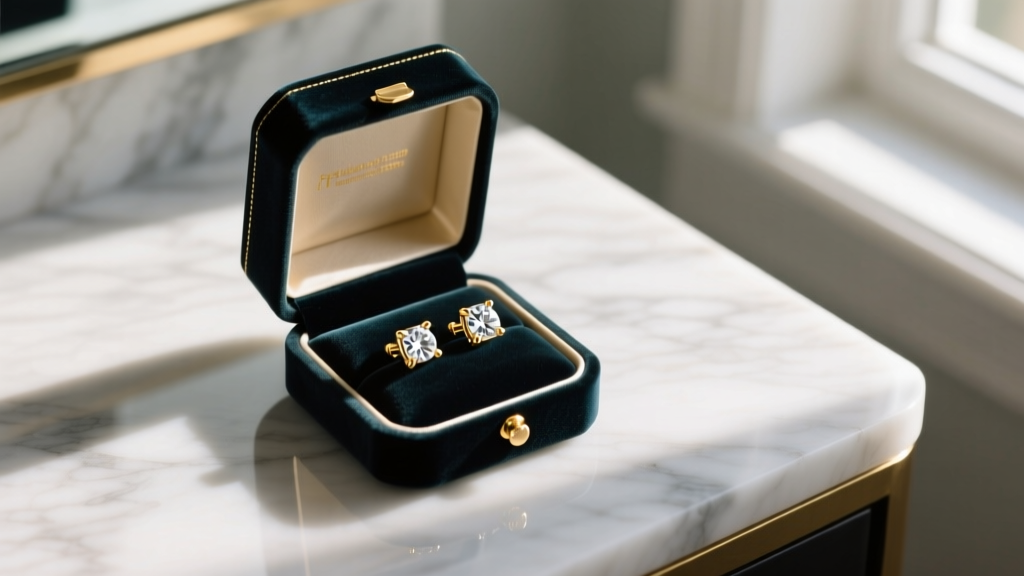 Open velvet box on marble vanity revealing 14k gold 20 gauge diamond stud earrings catching soft morning light, top-down angle