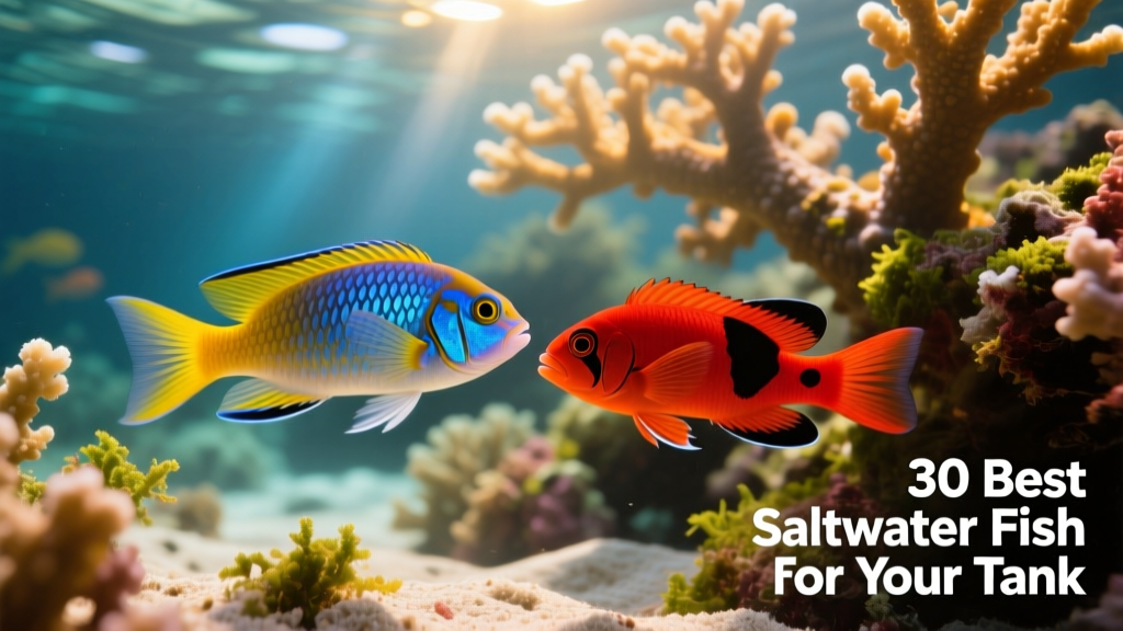 Close-up of a royal gramma and fire goby swimming side-by-side near coral branches in a healthy reef aquarium