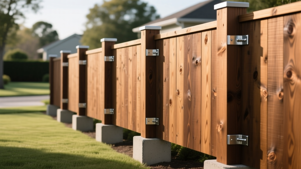 6x6 pressure-treated pine fence posts set in concrete footings with galvanized brackets supporting a tall wood privacy fence