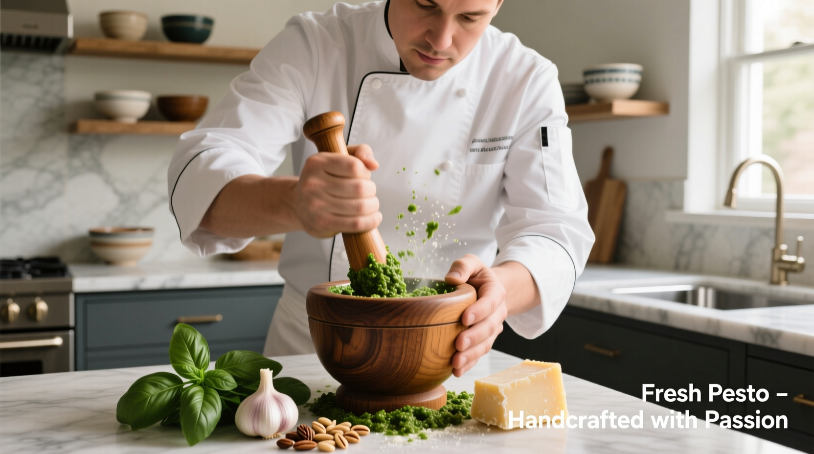 Chef preparing fresh pesto sauce in mortar and pestle