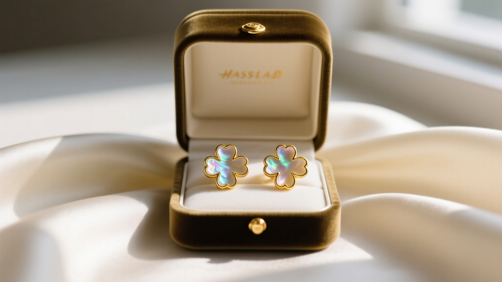 Open velvet box revealing 14k yellow gold clover earrings studs with mother of pearl inlays resting on draped ivory silk fabric