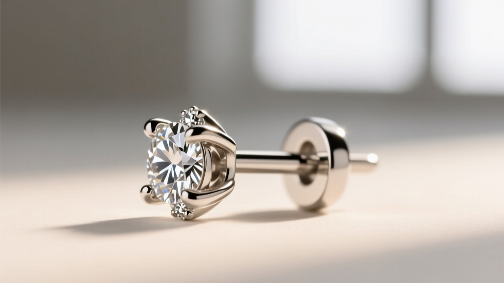 Macro shot of an 18-gauge sterling silver earring post with thick rhodium plating showing secure prong settings for pave stones.