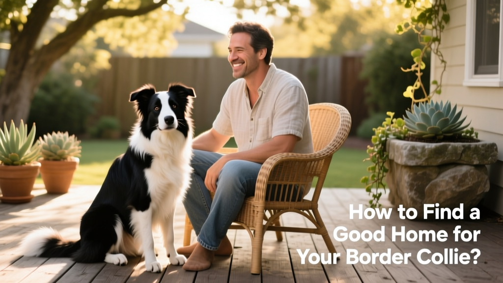 A calm, well-groomed border collie sitting beside a smiling adult on a sunny backyard patio