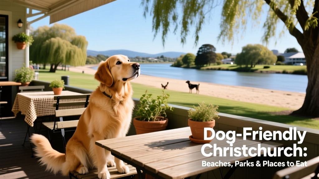 A dog sits happily at an outdoor cafe table, looking up expectantly at its owner
