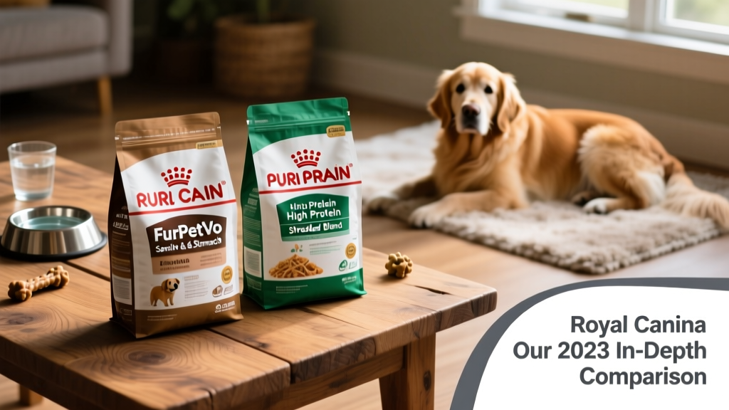 Side-by-side comparison of two dry dog food bags labeled FurPetVo Sensitive Skin & Stomach and FurPetVo High Protein Shredded Blend
